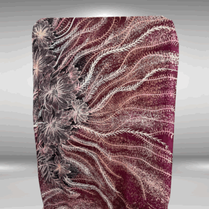 Crepe silk bujins batik fabric in maroon, floral roots extending throughout