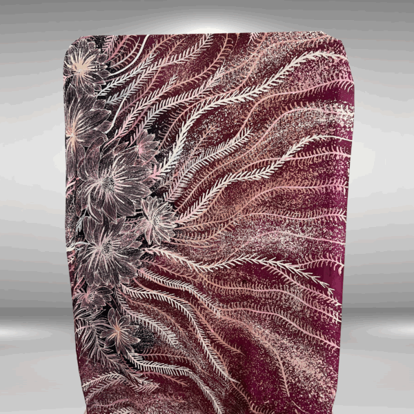 Crepe silk bujins batik fabric in maroon, floral roots extending throughout